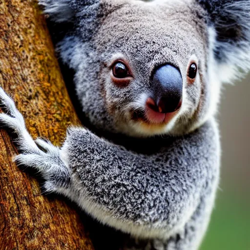 Prompt: award winning nature photograph of a koala. it has a friendly smile. it has whiskers and claws. extreme detail, beard hyperrealistic photo, smooth, trending on artstation