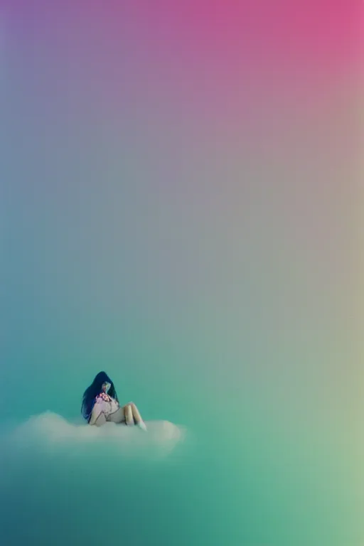 Image similar to high quality pastel coloured film photograph of a model wearing clothing resting on cloud furniture in a icelandic black rock environment in a partially haze filled dreamstate world. three point light, rainbow. photographic production. art directed. pastel colours. volumetric clouds. pastel gradient overlay. waves glitch artefacts. 8 k. filmic.