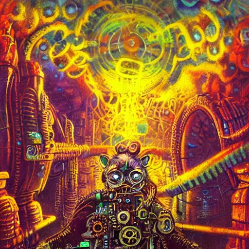 Image similar to steampunk rat, acid, 303, psychedelic, by paul lehr, cd cover for techno artist