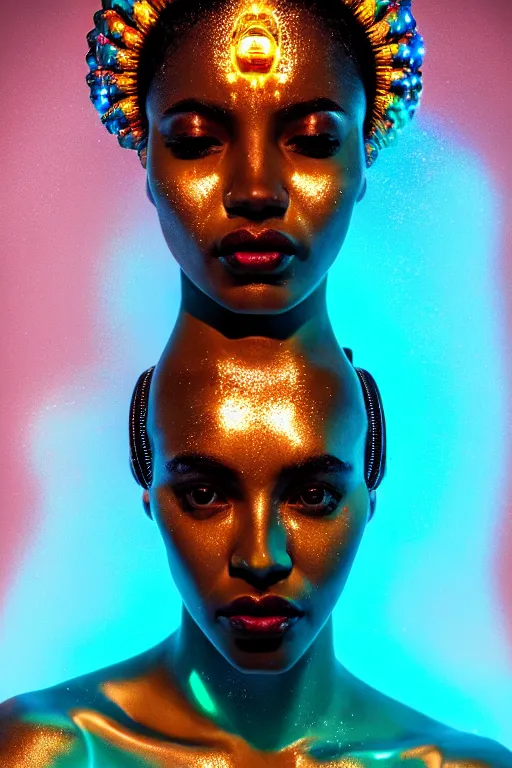 Image similar to hyperrealistic cybernetic cinematic bioluminescent very expressive! oshun goddess whole body underwater, gold jewerly, highly detailed face, digital art masterpiece, smooth eric zener cam de leon, dramatic pearlescent turquoise light on one side, low angle uhd 8 k, shallow depth of field