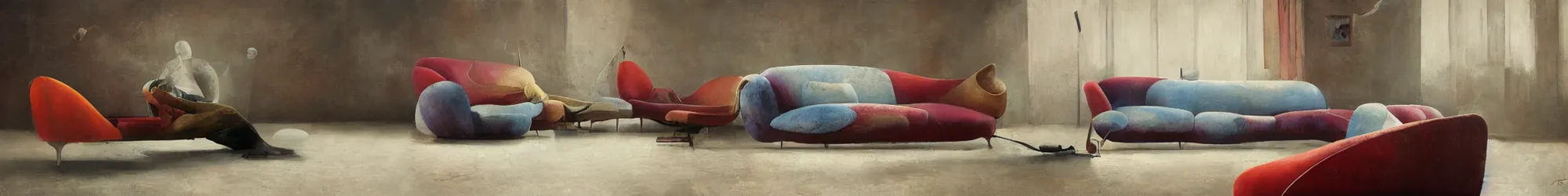 Image similar to several sofa designs, art deco, vivid colors, modigliani style, Les Edwards, Zdzislaw Beksinski, Carl Gustav Carus, John Harris, Michal Karcz, Zhang Kechun, Mikko Lagerstedt, Scott Listfield, Steven Outram, Jessica Rossier.