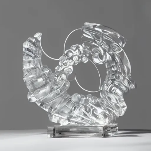 Image similar to abstract carved crystal sculpture, wiggly irrational shapes, fluid and dynamic forms, detailed and complex, sharp and smooth, product photo