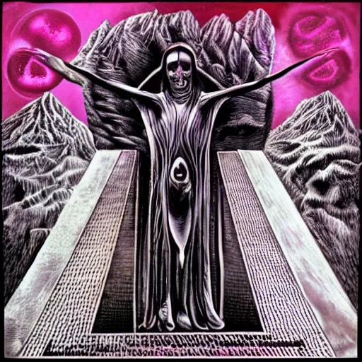 Image similar to post - punk new age album cover, magic, apocalypse, psychedelic, black white pink, magic, giger h. r.