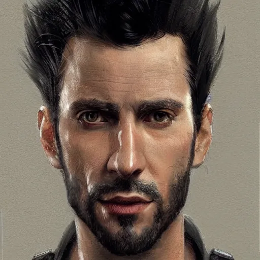 Image similar to Portrait of a man by Greg Rutkowski, he is about 30 years old, black quiff hair, his features are a mix between French, Turkish and Russian, strong, older brother vibes, he is wearing a futuristic police gear, highly detailed portrait, digital painting, artstation, concept art, smooth, sharp foccus ilustration, Artstation HQ.