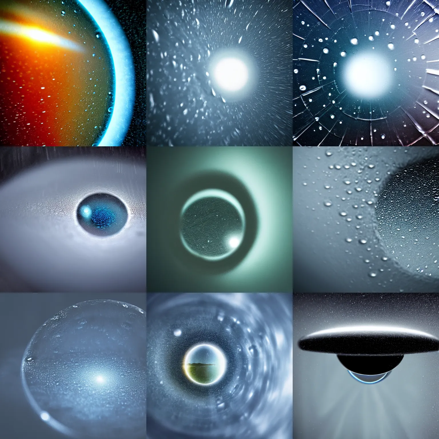 Prompt: universe seen through a rain droplet, photograph, award winning, sci-fi, hyper realistic, rain drop, cinematic, dramatic lighting
