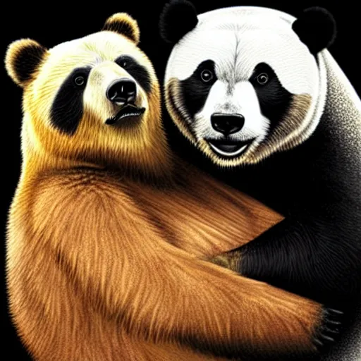 Prompt: pop art headshots of a grizzly bear and a panda bear kissing.