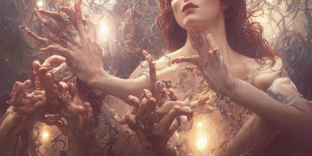 Image similar to too many hands, gnarled, so many hands, fingers, weird amount of hands, intense lighting, light beams, lens flare, intricate, elegant, highly detailed, digital painting, artstation, concept art, smooth, sharp focus, illustration, art by artgerm and greg rutkowski and alphonse mucha