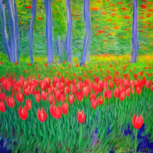 Image similar to Wild tulips in a natural forest in monet style