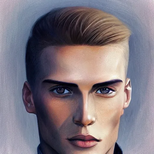 Image similar to a tall, lean man with light tan skin, blue eyes, and shoulder - length, slicked - back blonde hair combed down to the nape of his neck, long face with sunken cheeks and a well defined jawline, with vertical scars over his left eye, dressed casually, art by charlie bowater and artgerma