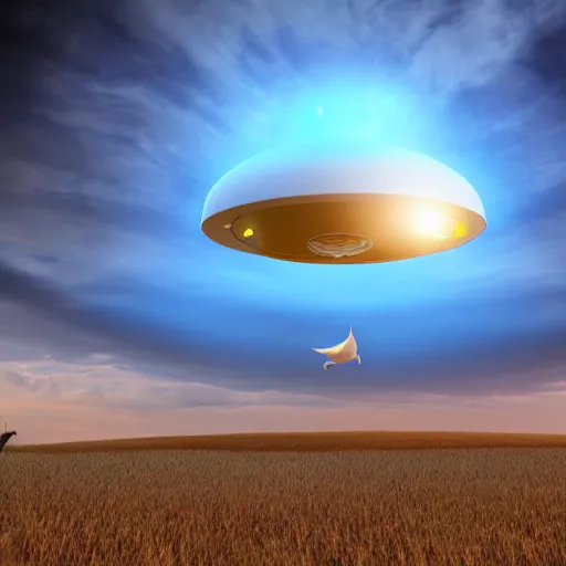 Prompt: A Large UFO Abducting a Cow, 3D Render, Blue Mist, exquisite details