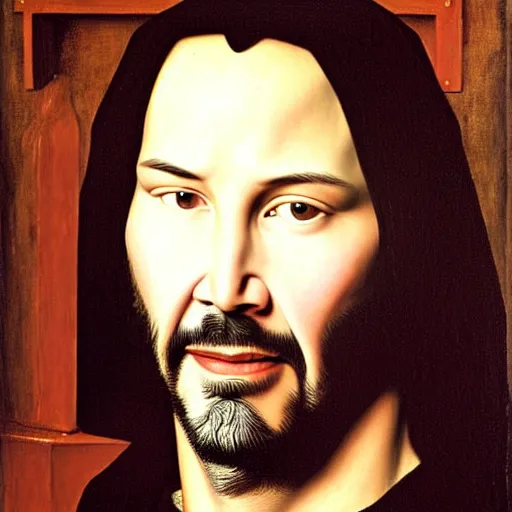 Image similar to portrait of keanu reeves, oil painting by jan van eyck, northern renaissance art, oil on canvas, wet - on - wet technique, realistic, expressive emotions, intricate textures, illusionistic detail