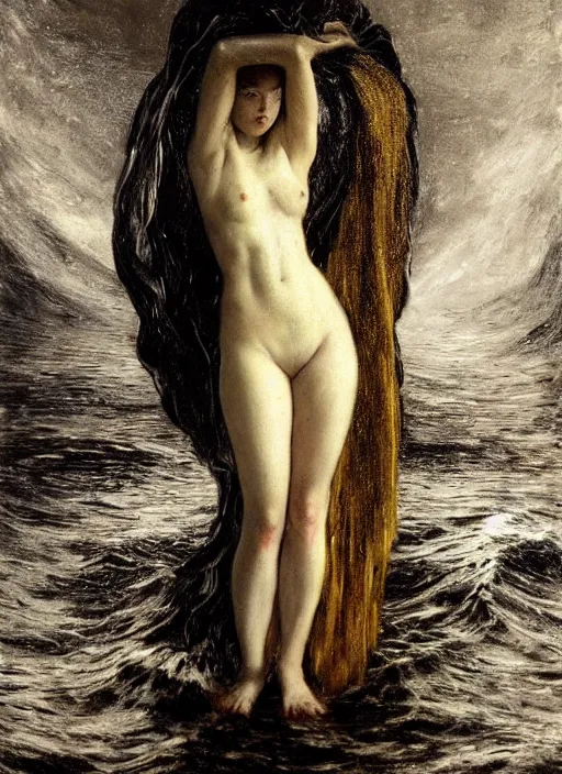 Image similar to highly detailed oil painting | very intricate | cinematic lighting | black, white and gold color scheme, dark background | a woman in lake ; water spirit ; slavic mythology | by roberto ferri, by gustav moreau, by singer sargent and gustav klimt, american romanticism, occult art | by austin osman spare, artstation, cgsociety, official art, octane