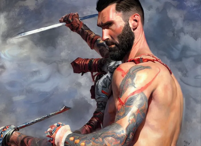 Image similar to a highly detailed beautiful portrait of adam levine as kratos, by gregory manchess, james gurney, james jean