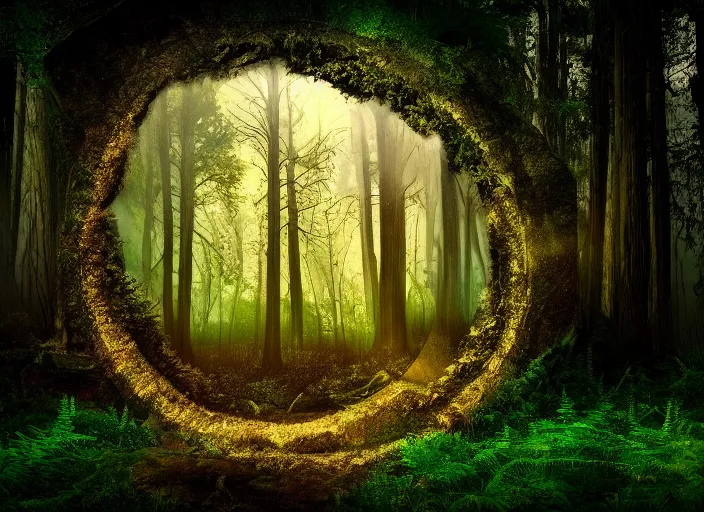 Image similar to photo of a portal to another world. Forest in the background. Fantasy magic style. Highly detailed 8k. Intricate. Nikon d850 55mm. Award winning photography.