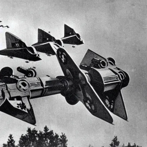 Image similar to an old ww2 photograph of star wars TIE fighters, AT-AT, WW2 planes fighting