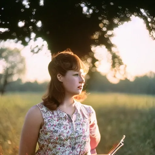 Image similar to a stunning 35mm photo of a lady who looks like she drinks sweet tea drinking sweet tea, southern pastoral scene, hazy air