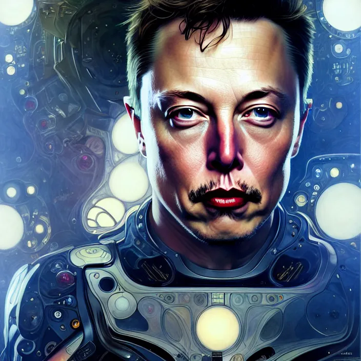 Image similar to portrait of Elon Musk organic cyborg, diffuse lighting, fantasy, intricate, elegant, highly detailed, lifelike, photorealistic, digital painting, artstation, illustration, concept art, smooth, sharp focus, art by John Collier and Albert Aublet and Krenz Cushart and Artem Demura and Alphonse Mucha