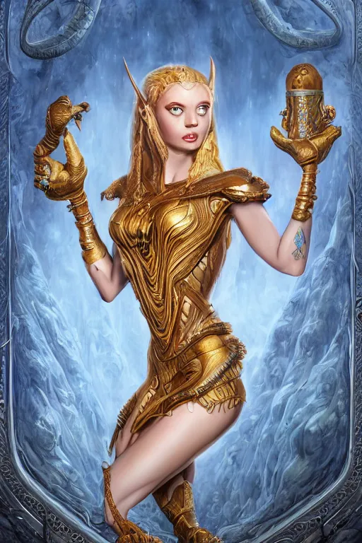 Image similar to portrait of a beautiful female hybrid atlantean anubis elsa jean, alien warrior regal, realistic, refined, detailed, digital art, michael cheval, esao andrews, steampunk, walt disney ( 1 9 3 7 ), francois boucher, oil painting, highly detailed, cinematic lighting, unreal engine, 8 k, hd