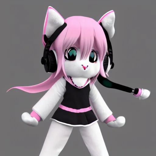 Image similar to cute fumo plush of a popstar wolf girl, anime girl, idol, headphones, tomboy, artstation, bubblegum pop, black and white, snowing, canine, v sign, vray