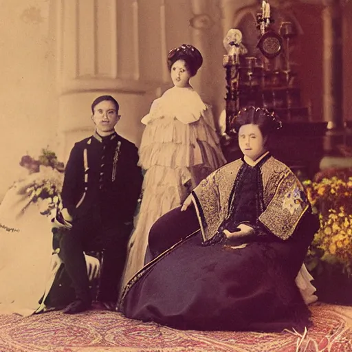 Image similar to A wide full shot, colored Russian and Japanese mix historical fantasy a photograph portrait taken at the royal wedding two choirs, photographic portrait, warm lighting, 1907 photo from the official wedding photographer for the royal wedding.