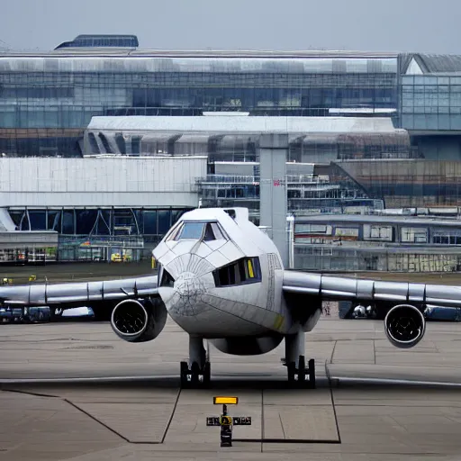 Image similar to the millennium falcon landing at heathrow airport.