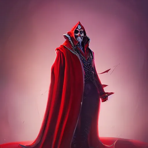 Image similar to painting of a wicked cool baron in a red cloak, fantasy, artstation, cgsociety, ultra high detail, stylized