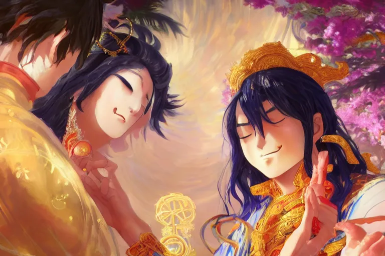 Image similar to close up moment of a divine a japan sun god and a moon goddess lovers magician at a wedding banquet, highly detailed, d & d, fantasy, 4 k realistic, digital painting, trending on artstation, concept art, sharp focus, illustration, art by makoto shinkai and akihiko yoshida and daniel gerhartz