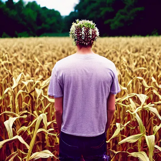 Image similar to agfa vista 4 0 0 photograph of a skinny blonde guy standing in a cornfield, flower crown, back view, grain, moody lighting, telephoto, 9 0 s vibe, blurry background, vaporwave colors!, faded!,