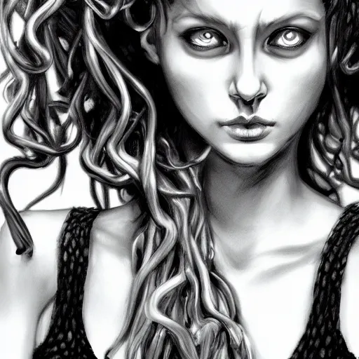 Prompt: medusa portrait painting, black and white, wicked grin, artstation, detailed, blurred background