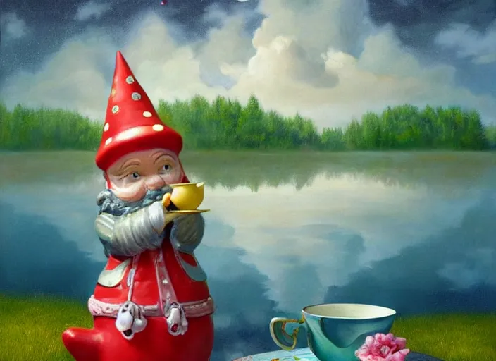 Prompt: a garden gnome sailing in a teacup, whimsical background of a reflective pond on a sunny day with dramatic clouds, an ultrafine detailed painting by mark ryden, trending on deviantart, pop surrealism, whimsical, lowbrow, joyous