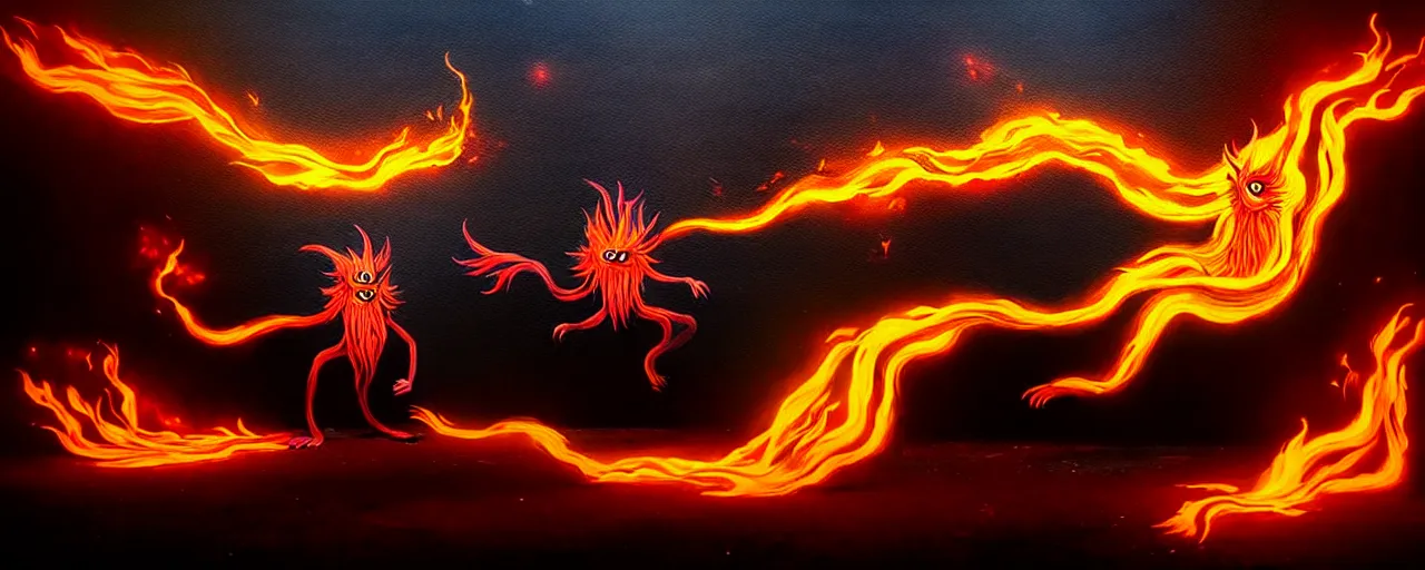 Prompt: whimsical fiery alchemical creatures, surreal dark uncanny painting by ronny khalil