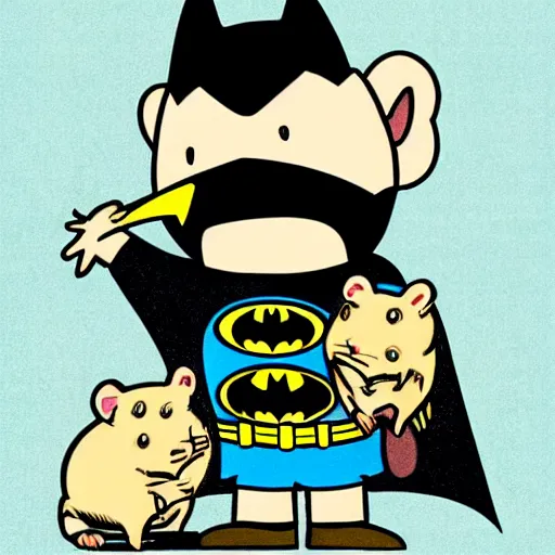 Prompt: Batman is happy because he is holding his pet hamster, vintage comic book style, paper texture