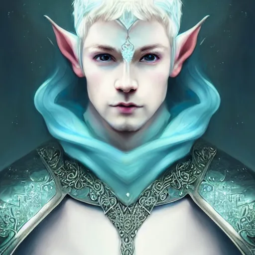 Image similar to a stunningly beautiful portrait of a handsome male snow elf in a turquoise cape and silver ornate armour as an archer, albino skin, pale pointed ears, ethereal opalescent mist, moonlight snow, perfect face, elegant, very coherent symmetrical artwork, atmospheric lighting, rule of thirds, by wenjun lin, krenz cushart, charlie bowater, trending on artstation