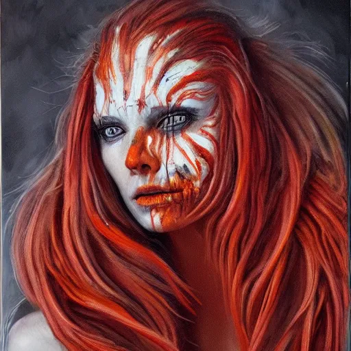 Prompt: high quality detailed portrait of an alien woman with red and white marbled skin, long thick orange hair strands and areas of carapace. Oil painting, beautiful, haunting.