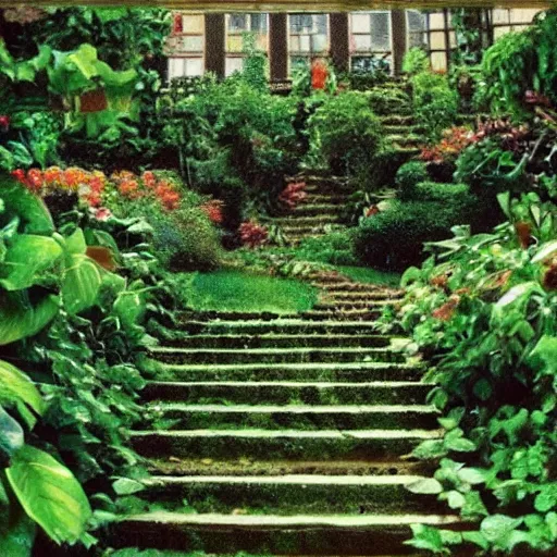 Image similar to lush garden stairs, by mc escher