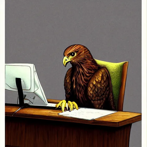 Image similar to a life-like photographic fantasy art raptorial composition of hawk office worker bird-man at computer desk facial portraiture, bird-man is lying on the desk with a baleful eye regarding the computer screen, tired, in stunning digital paint, trending fantasy art by Michael Whelan