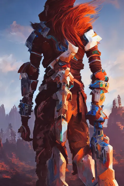 Image similar to combination suit armor aloy horizon forbidden west horizon zero dawn radiating a glowing aura global illumination ray tracing hdr fanart arstation by ian pesty and alena aenami artworks in 4 k tribal robot ninja mask helmet backpack