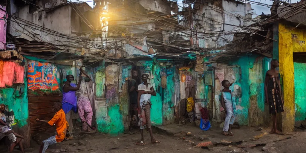 Prompt: lUFO in Ajegunle slums of lagos beaming neon rays of light,