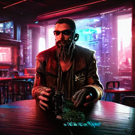 Image similar to a high quality portrait of a gritty pirate in a cyberpunk cyberpunk cyberpunk cafe, realism, 8k, award winning photo