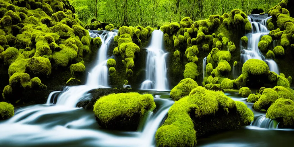 Prompt: photo of a landscape with lush forest, wallpaper, very very wide shot, iceland, new zeeland, green flush moss, national geographic, award landscape photography, professional landscape photography, waterfall, stream of water, big sharp rock, ancient forest, primordial, sunny, day time, beautiful