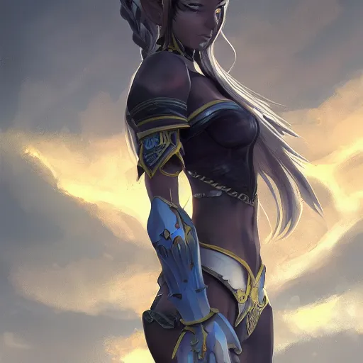 Image similar to a dark elf girl with yellow eyes and hair, ponytail, wearing armor, highly detailed, digital painting, artstation, matte, by makoto shinkai, animation style