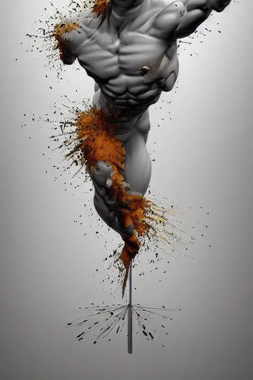 Image similar to sculpture exploding in white museun exploding inside, painting os on the wall, highly detailed, 3 d hyper realistic digital painting, artstation, concept art, smooth, sharp focus, illustration, art by ilja repin