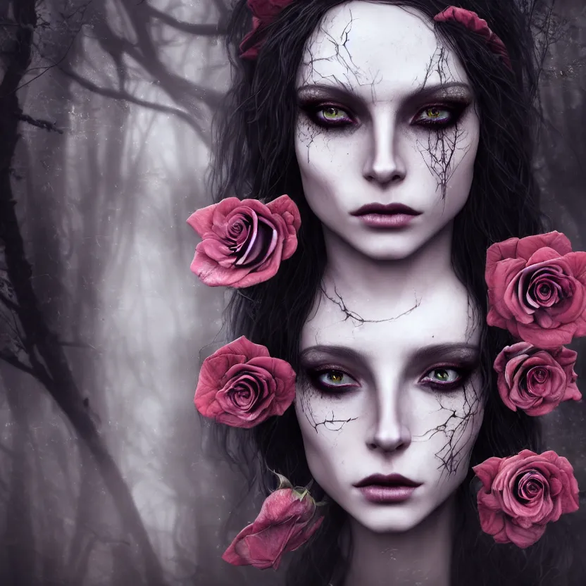 Image similar to single faced portrait of enchanting femenine witch, hyper attractive, seductive, very complex, hyper - maximalist, overdetailed, legendary cinematic, darkfantasy, archetype with timeless beauty breathtaking eyes, highly intricate, realism, roses, perspicious detail, silent hill aesthetic, photorealistic, lifelike, dslr 8 k, unbeatable coherency, octane render
