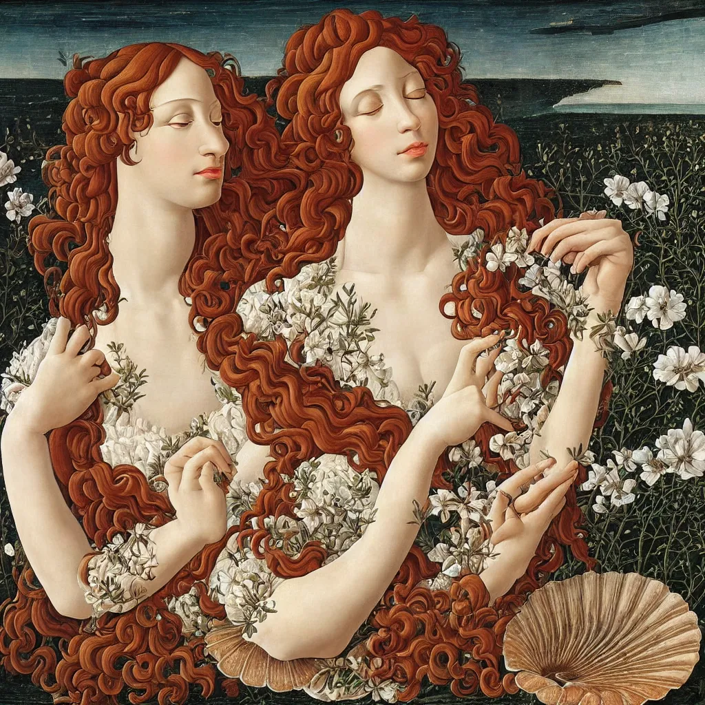 Image similar to an hyperrealistic mythological oil painting of a beautiful woman with long curly brown hair, full body, wearing floral chiton, sleeping in a giant scallop shell near the seashore, intricate, elegant, renaissance style, by sandro botticelli