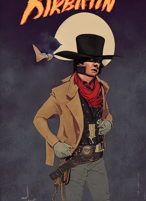 Image similar to poster artwork by Michael Whelan and Tomer Hanuka, Karol Bak of Tim Robinson dressed up as the Lone Ranger, he has time traveled from the wild west ot the 1990s, from scene from Walker Texas Ranger, clean, simple illustration, nostalgic, domestic, full of details