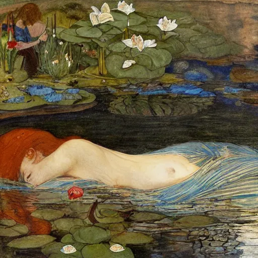 Prompt: Elizabeth Siddal swims in a lake with blue water lilies, oil painted, Pre-Raphaelite style, highly detailed, sharp focus