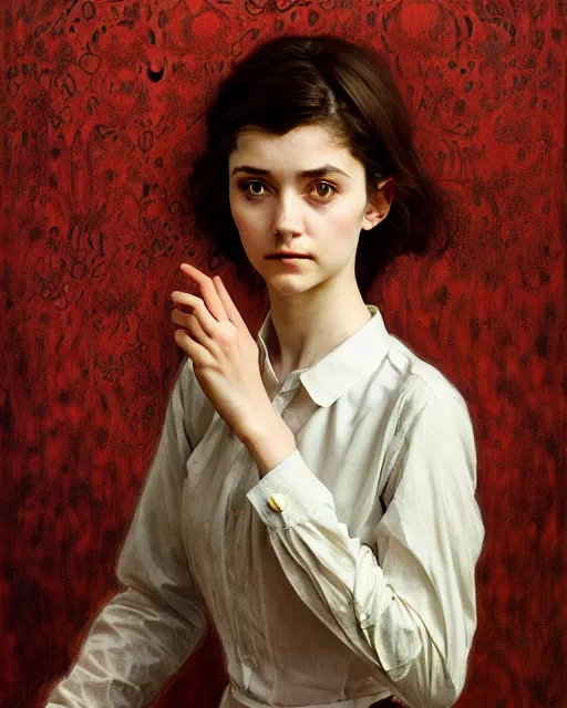 Image similar to portrait of a welsh teenage girl with brown hair, dark brown eyes, glowing skin, delicate features, quiet beauty, amelie poulain, fantasy, intricate, elegant, floral, dress shirt, highly detailed, digital painting, artstation, concept art, smooth, sharp focus, illustration, art by Krenz Cushart and Artem Demura and alphonse mucha