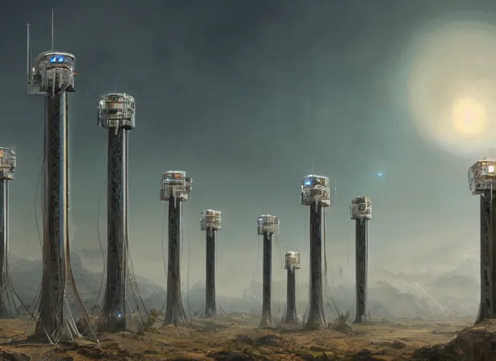 Prompt: a group of strange looking communications towers, a detailed matte painting by Jason A. Engle, cgsociety, afrofuturism, matte painting, concept art, sci-fi