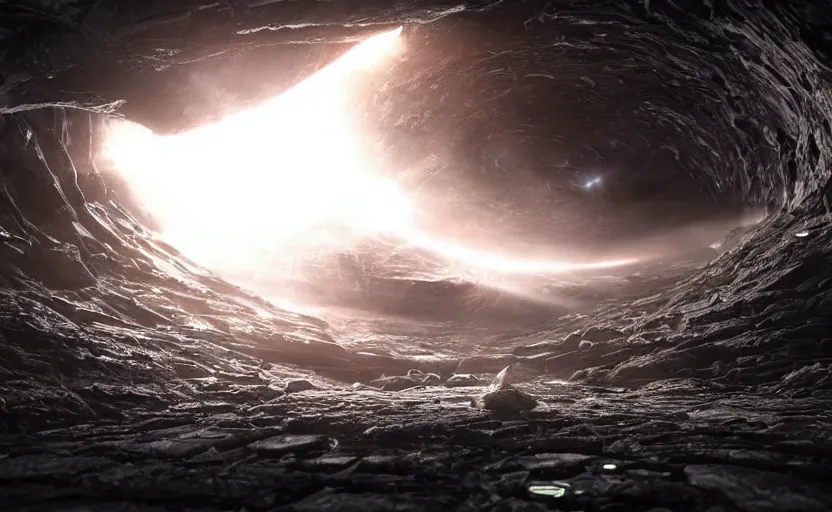 Image similar to an alien spaceship at the end of the worm hole in space, epic scene, extremely detailed masterpiece, extremely moody lighting, glowing light and shadow, atmospheric, shadowy, cinematic, god lighting