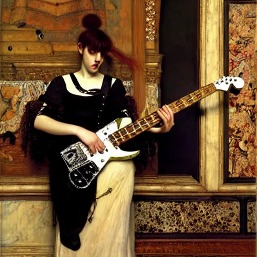 Image similar to Goth girl playing electric guitar by Mario Testino, oil painting by Lawrence Alma-Tadema, masterpiece